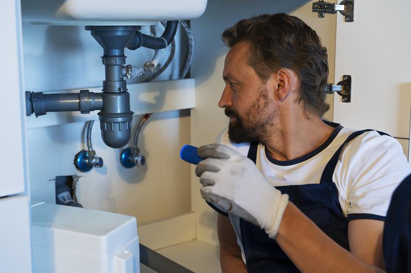 plumber checking pipes under sink