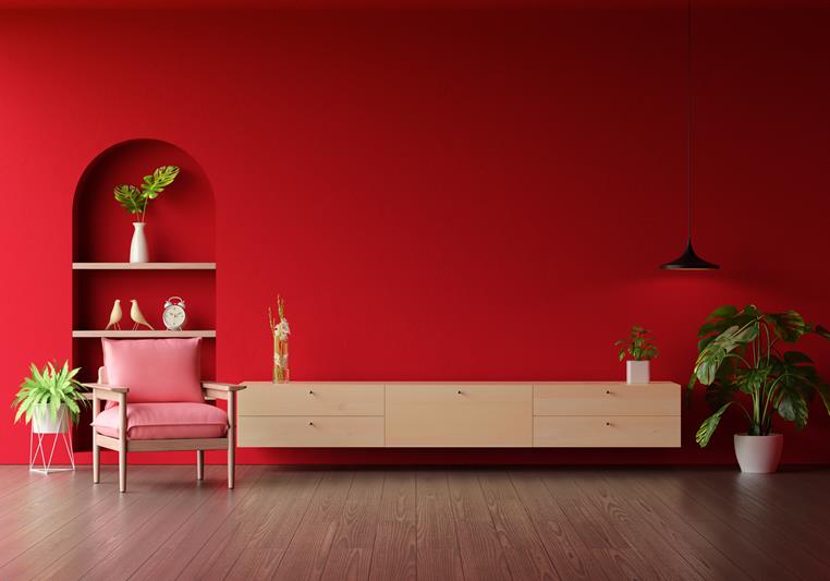 Wood sideboard in red living room interior