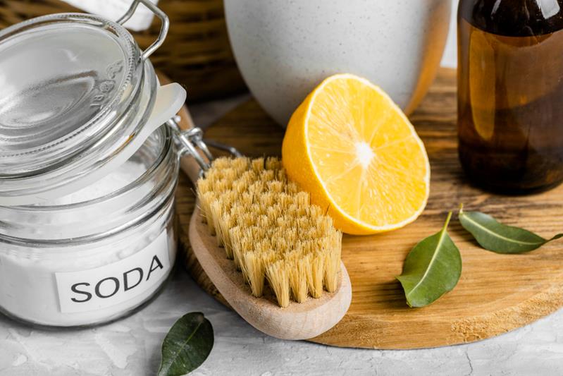 eco friendly cleaning brush with lemon and baking soda
