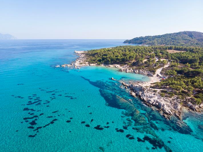 aegean sea coast view from the drone Greece