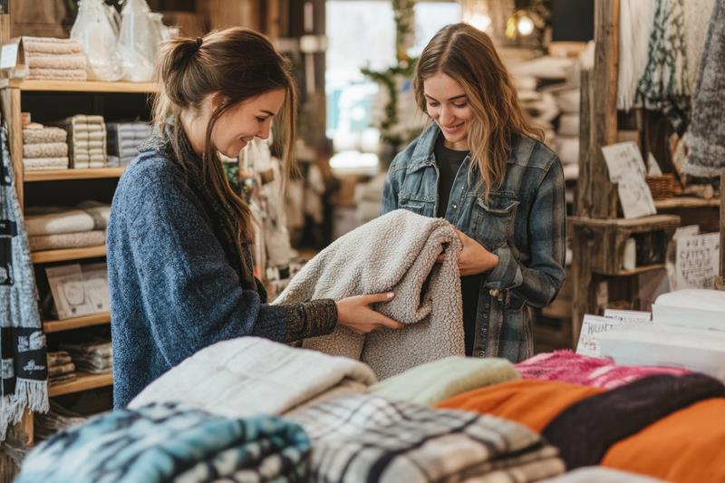 retail employee helping customer select cozy fleece blanket home decor shop