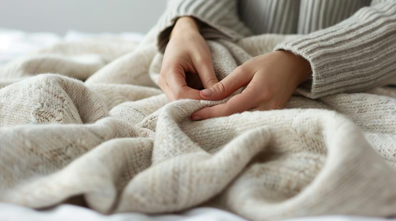 womans hands on a knit blanket