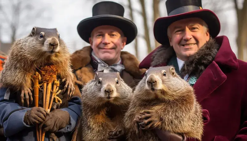 A person holds a groundhog on Groundhog Day