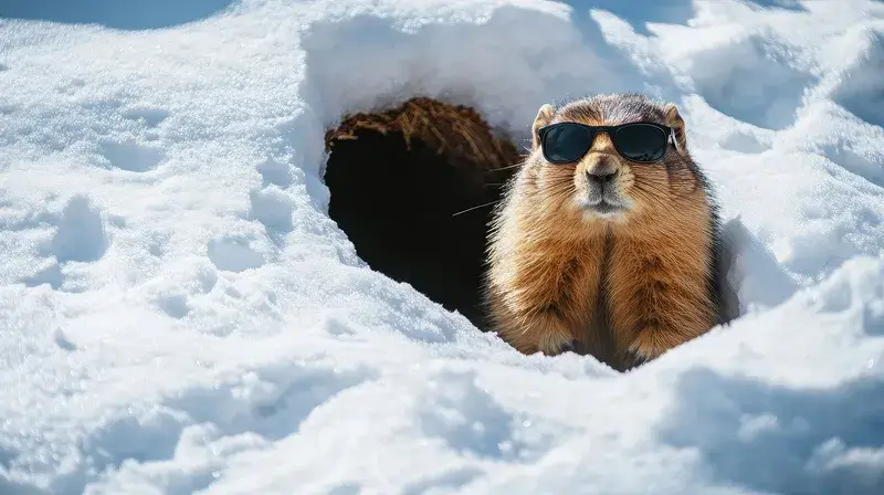 Groundhog peeking out of its burrow