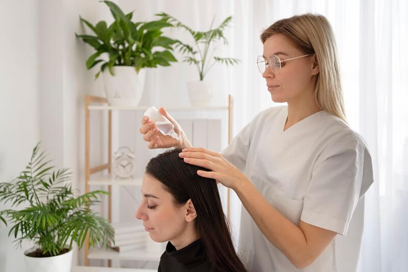 A person receiving a salon procedure for hair repair